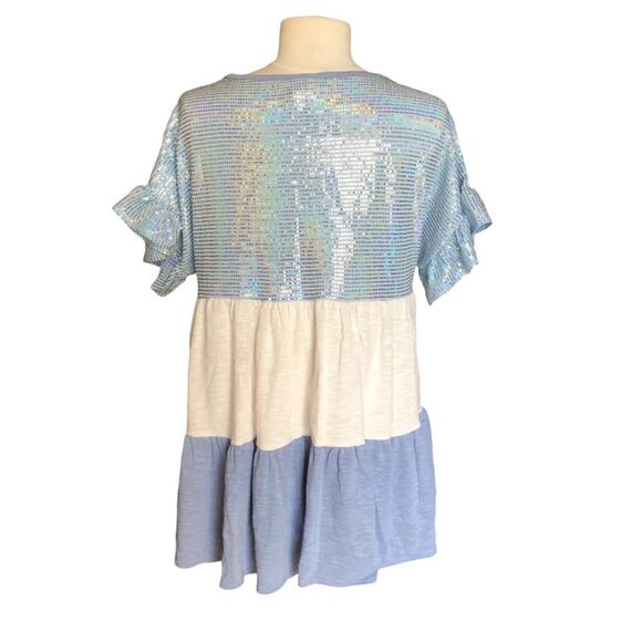 Unbranded NWOT Ruffle Sleeve Babydoll Light Blue Sequin Ivory Denim Blue Top SM - Picture 5 of 11